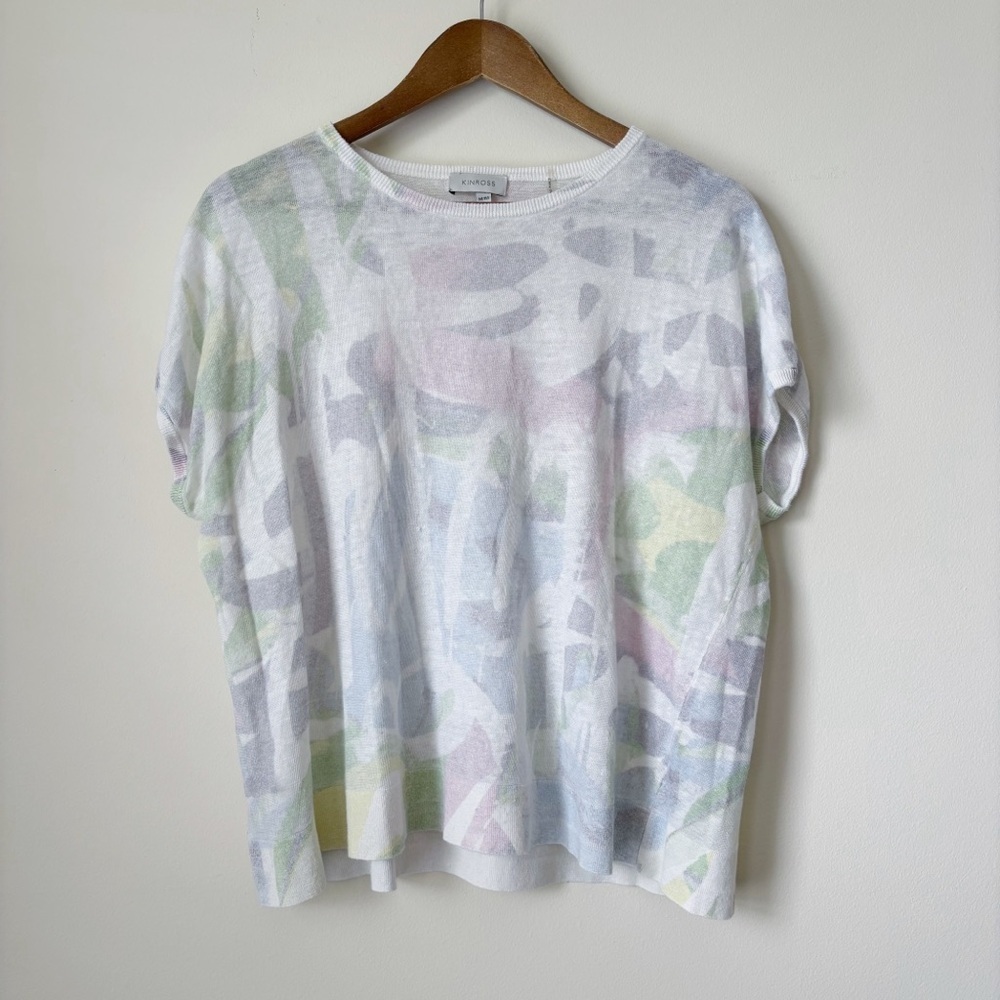 Kinross Pastel Watercolor Linen Knit Top Medium Quiet Luxury